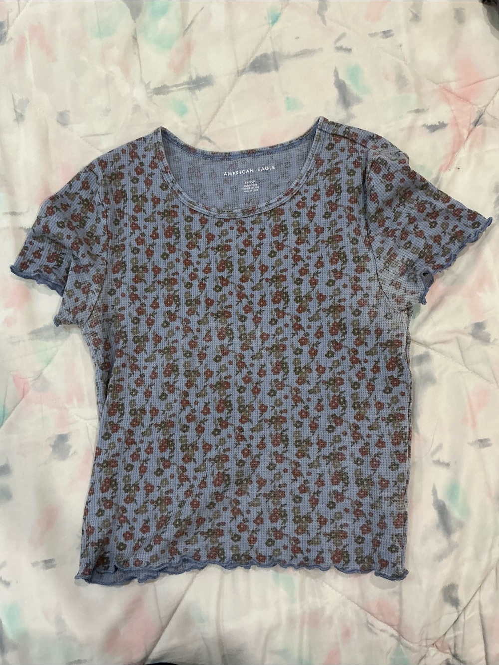 American Eagle Outfitters Blue Floral Ribbed Short Sleeve Tee